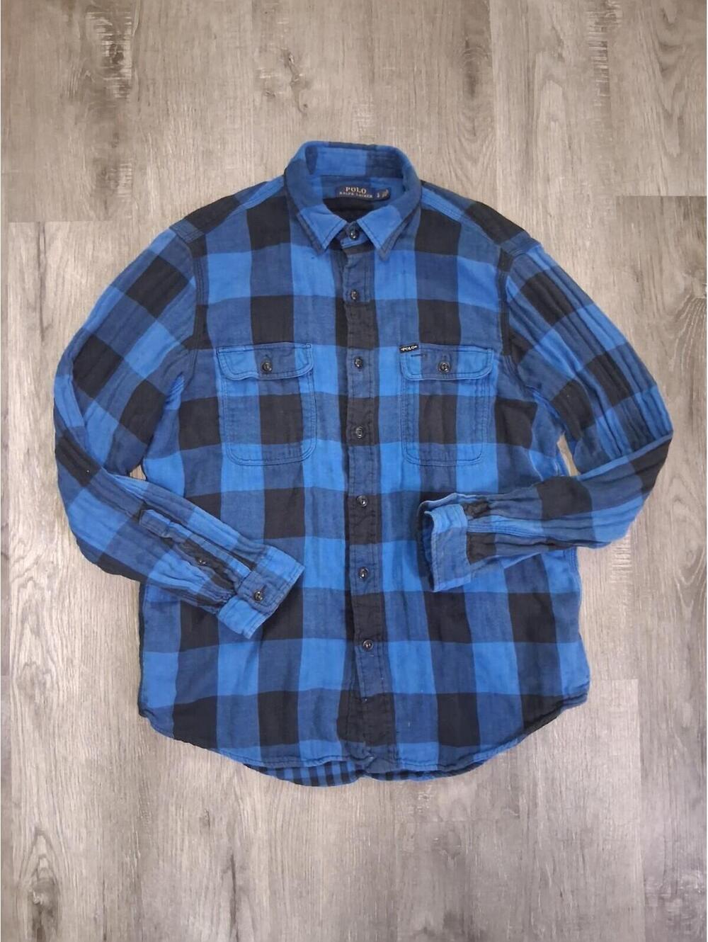 Polo Ralph Lauren Men's Blue and Black Plaid Dbl Layered Button Up Flannel Shirt